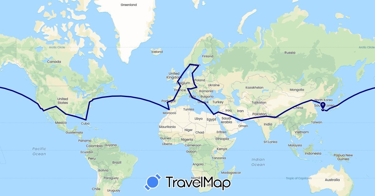 TravelMap itinerary: driving in United Arab Emirates, Austria, Switzerland, China, Czech Republic, Germany, Denmark, Egypt, Spain, France, United Kingdom, Greece, Israel, India, Italy, Japan, South Korea, Morocco, Norway, Nepal, Portugal, Sweden, United States (Africa, Asia, Europe, North America)
