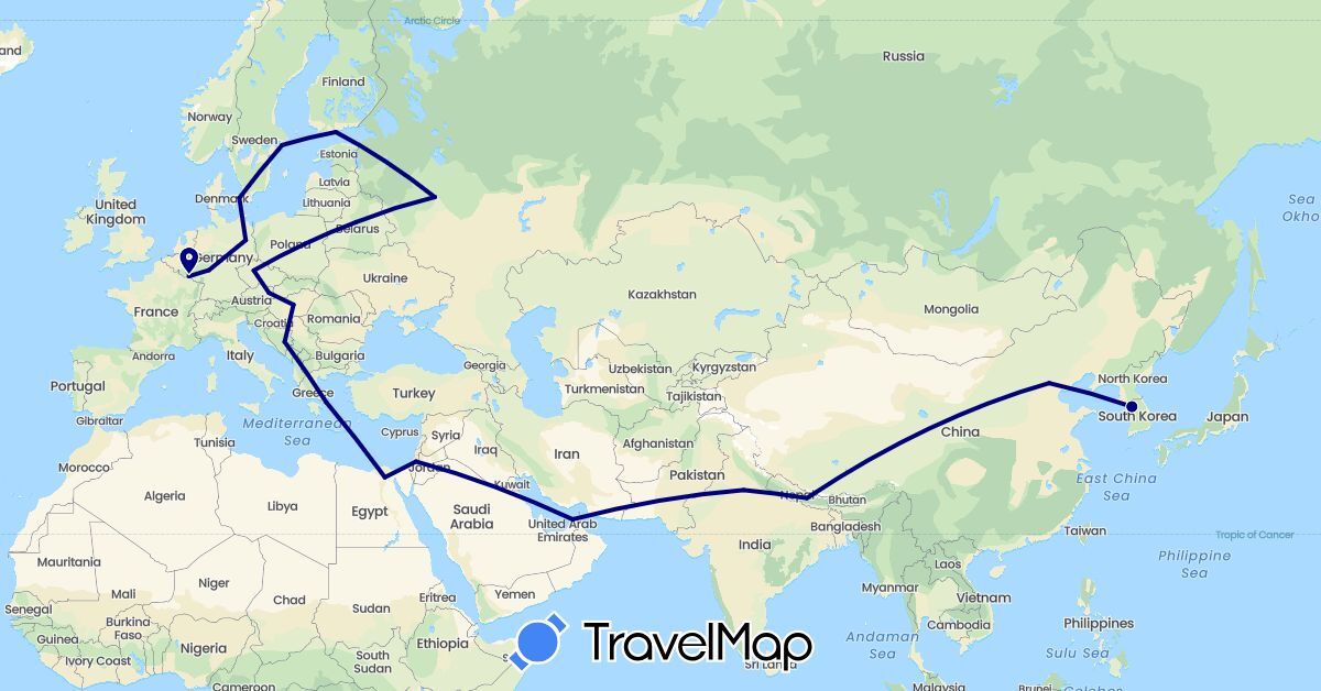 TravelMap itinerary: driving in United Arab Emirates, Austria, Bosnia and Herzegovina, Belarus, China, Czech Republic, Germany, Denmark, Egypt, Finland, Greece, Hungary, Israel, India, South Korea, Luxembourg, Nepal, Poland, Russia, Sweden (Africa, Asia, Europe)