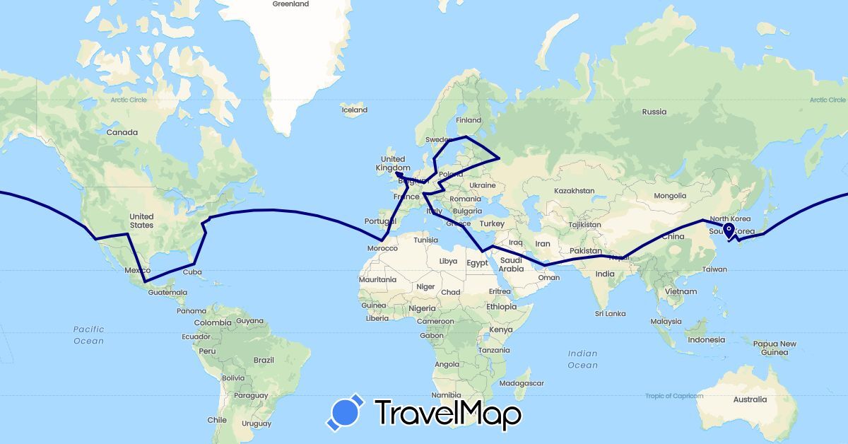 TravelMap itinerary: driving in United Arab Emirates, Austria, Belgium, Belarus, Switzerland, China, Czech Republic, Germany, Denmark, Egypt, Spain, Finland, France, United Kingdom, Gibraltar, Greece, Israel, India, Italy, Japan, South Korea, Morocco, Mexico, Nepal, Poland, Russia, Sweden, United States, Vatican City (Africa, Asia, Europe, North America)